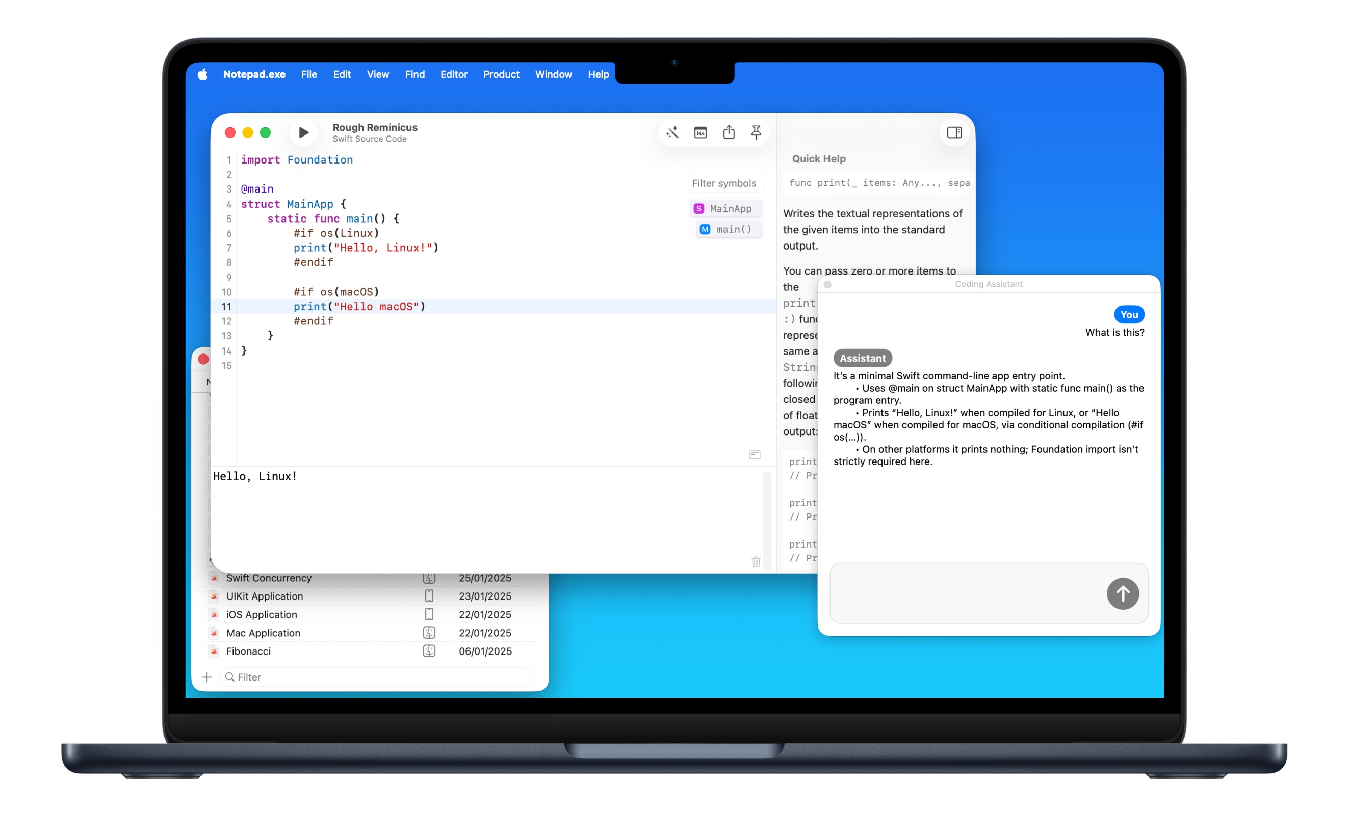 Notepad.exe running Swift code for Linux directly from macOS with AI coding assistant