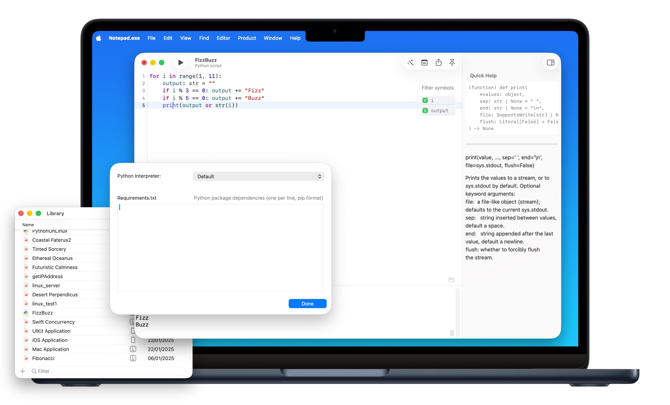 Notepad.exe Python editor with interpreter settings and built-in documentation